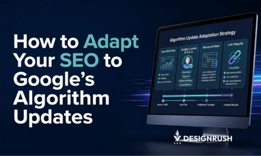 Infographic titled "How to Adapt Your SEO to Google's Algorithm Updates," showing a four-panel dashboard covering Core Web Vitals, E-E-A-T, structured data, and link integrity.