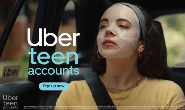 A teenager with a face mask on in an Uber ride with the text: Uber teen accounts, sign up now