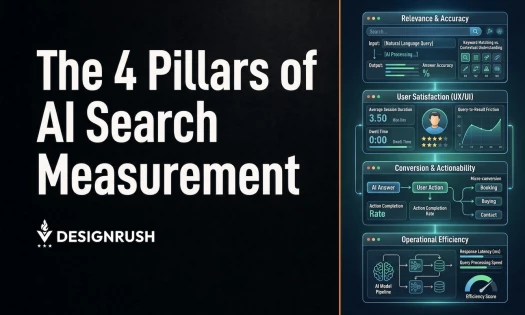 Infographic titled "The 4 Pillars of AI Search Measurement," showing four dashboard panels covering relevance and accuracy, user satisfaction, conversion and actionability, and operational efficiency.
