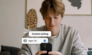 Teenager on their phone with "Content setting" and "Ages 13+" text bubbles popping out.