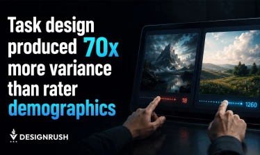 A person interacting with dual digital displays beneath bold text that reads: Task Design Drives 70x More Variation Than Rater Demographics.