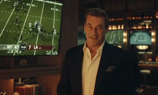 Jon Hamm stands inside BetMGM’s Legends Lounge with a football game playing on screens behind him.