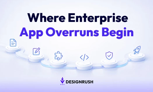 Enterprise app project stages showing where overruns can begin, from requirements and integration through development, QA, and launch.