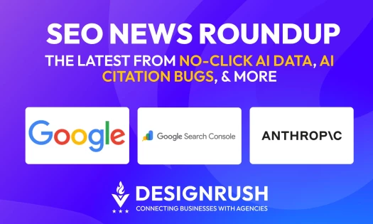 Google, Gemini, and Claude logos under the heading "The Latest from No-Click AI Data, AI Citation Bugs, & More," with the DesignRush logo below.