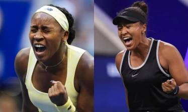 Action shots of Coco Gauff and Naomi Osaka on the court.