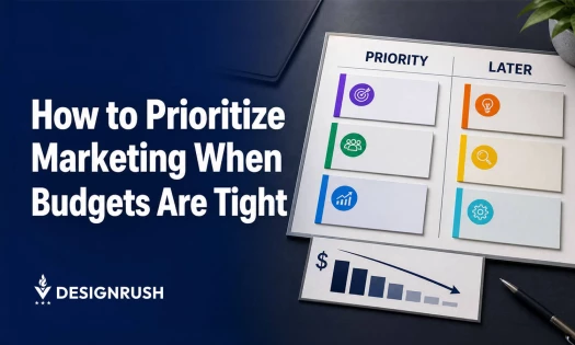 Graphic titled "How to Prioritize Marketing When Budgets Are Tight" alongside a visual board sorting tasks into "Priority" and "Later" categories above a declining budget graph.