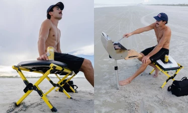 Guenther Oka testing Pacifico's outdoor gear on the beach.