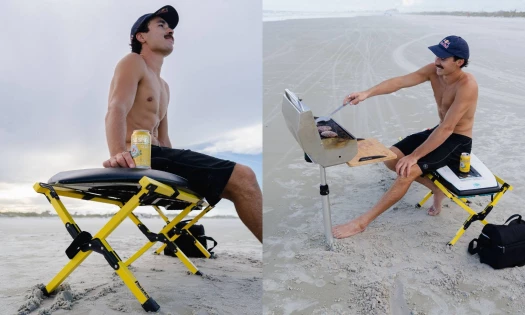Guenther Oka testing Pacifico's outdoor gear on the beach.