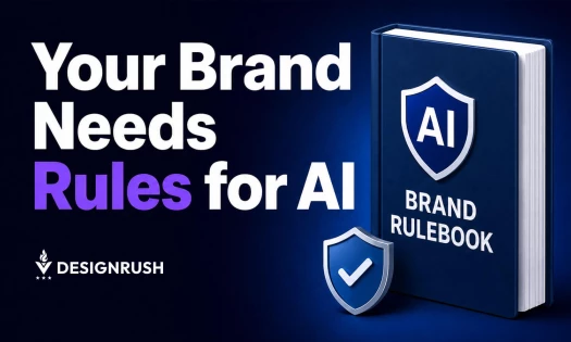 Graphic reading "Your Brand Needs Rules for AI" beside a blue AI Brand Rulebook by DesignRush.