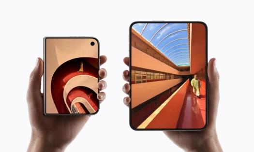 Hands holding the iPhone Duo in both its open and closed states.