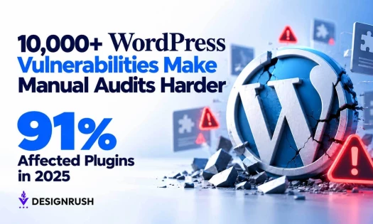 Infographic by DesignRush reading "10,000+ WordPress Vulnerabilities Make Manual Audits Harder" and "91% Affected Plugins in 2025" alongside a cracked 3D WordPress logo and warning icons.