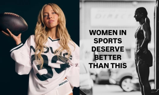 Sweeney posing with a football for Novig on the left, and on the right hybrid fitness athlete Abbie Dennison in grayscale with the headline: "Women in sports deserve better than this."