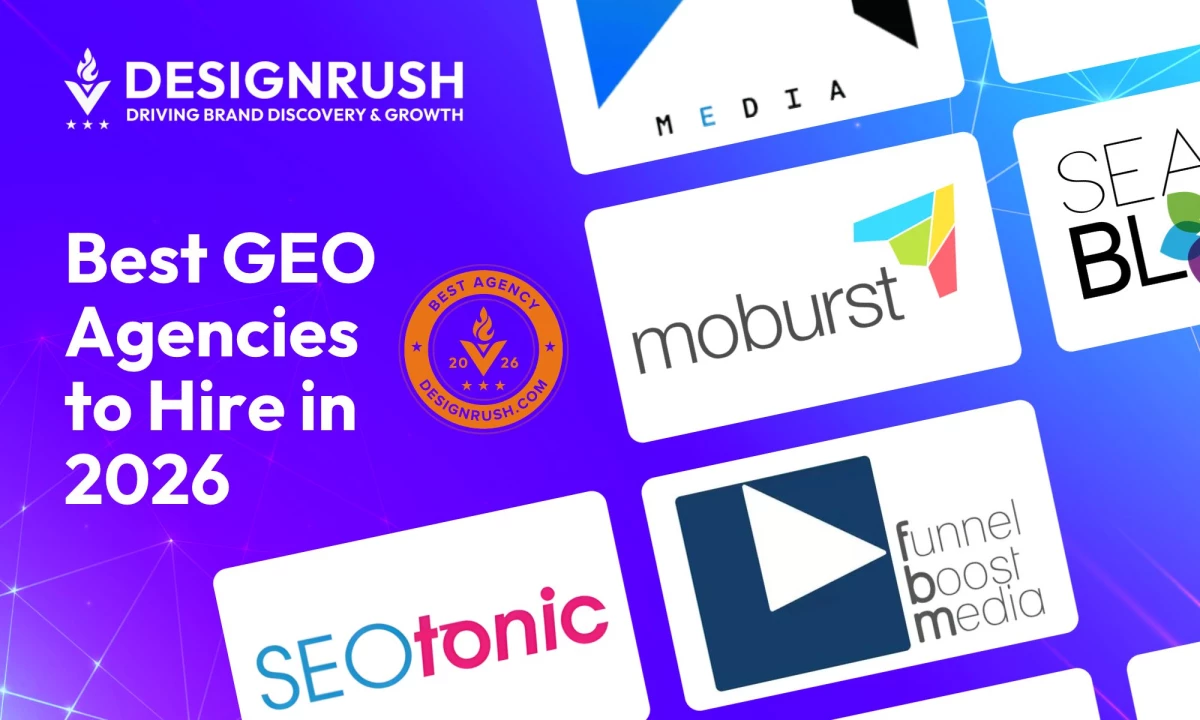 DesignRush graphic for "Best GEO Agencies to Hire in 2026" featuring the logos of Moburst, Searchbloom, Funnel Boost Media, SEOtonic, and other ranked agencies.