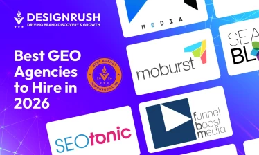DesignRush graphic for "Best GEO Agencies to Hire in 2026" featuring the logos of Moburst, Searchbloom, Funnel Boost Media, SEOtonic, and other ranked agencies.