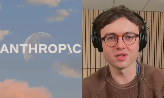 Anthropic's logo shown overtop of a blue sky with clouds