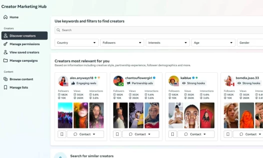 Screenshop of Meta's Creator Marketing Hub interface.