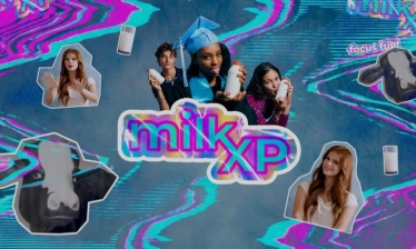 Harper Zilmer, cow heads, and MilkXP class of 2026 cut-outs scattered across a glitching screen.