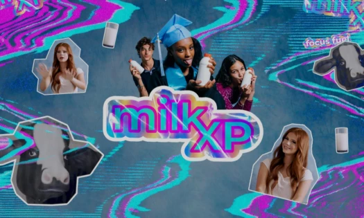 Harper Zilmer, cow heads, and MilkXP class of 2026 cut-outs scattered across a glitching screen.