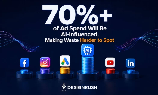 DesignRush graphic stating "70%+ of Ad Spend Will Be AI-Influenced, Making Waste Harder to Spot," illustrated by varying stacks of coins topped with icons for Facebook, Instagram, Google Ads, an AI chip, YouTube, and LinkedIn.