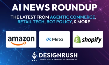 DesignRush AI News Roundup graphic featuring Amazon, Meta, and Shopify logos under the headline 'The Latest from Agentic Commerce, Retail Tech, Bot Policy, and More'