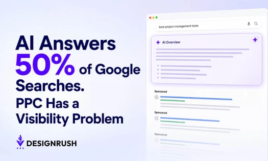 DesignRush graphic reading "AI Answers 50% of Google Searches. PPC Has a Visibility Problem" alongside a search results mockup showing a prominent AI Overview above sponsored ads.