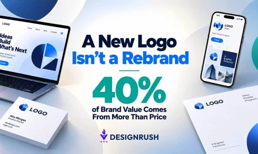 DesignRush graphic reading "A New Logo Isn't a Rebrand: 40% of Brand Value Comes From More Than Price" surrounded by brand identity mockups on a laptop, smartphone, business cards, and letterhead.
