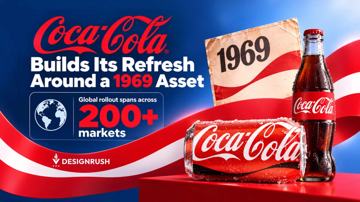 Graphic with text "Coca-Cola Builds Its Refresh Around a 1969 Asset" and "Global rollout spans across 200+ markets," featuring a glass Coca-Cola bottle, a frosted logo block, and vintage 1969 artwork, branded by DesignRush.