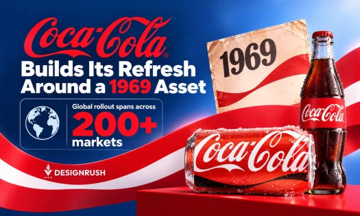 Graphic with text "Coca-Cola Builds Its Refresh Around a 1969 Asset" and "Global rollout spans across 200+ markets," featuring a glass Coca-Cola bottle, a frosted logo block, and vintage 1969 artwork, branded by DesignRush.