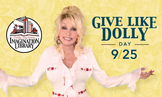 Dolly Parton holding her hands out. "Give Like Dolly Day 9/25" is on the right and the