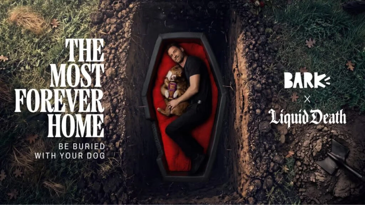A man and his dog inside a coffin that fits both of them