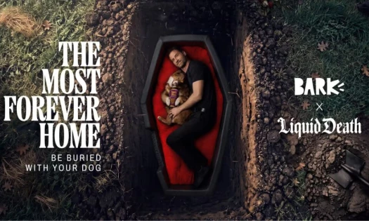 A man and his dog inside a coffin that fits both of them