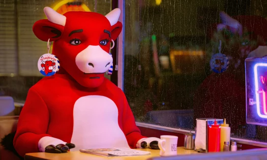 The (not) Laughing Cow sitting in a booth inside a diner