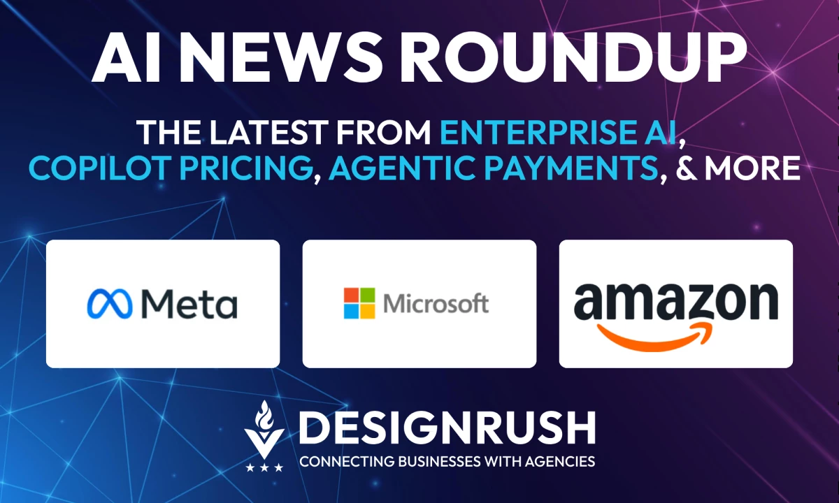 AI News Roundup featuring Meta, Microsoft, and Amazon logos on a purple background.