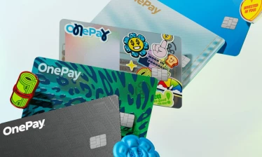 OnePay's five personality cards: black, denim, leopard, sticker, and the original OnePay blue.