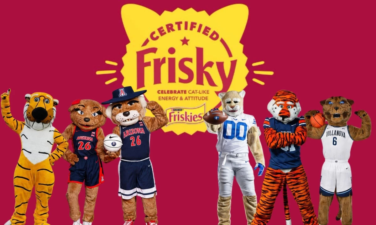 Six college football mascots with Friskies "Certified Frisky" badge as the background.