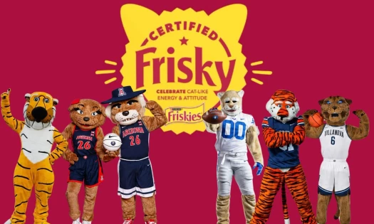 Six college football mascots with Friskies "Certified Frisky" badge as the background.