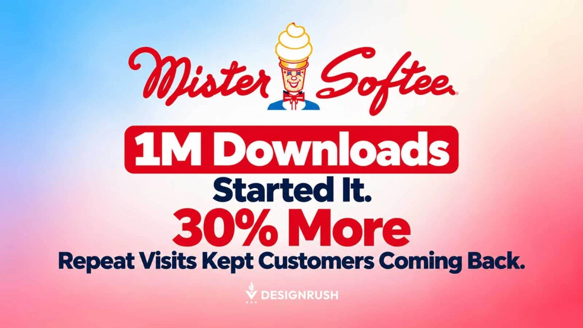Mister Softee logo above text reading: '1M Downloads Started It. 30% More Repeat Visits Kept Customers Coming Back.' with DesignRush logo.