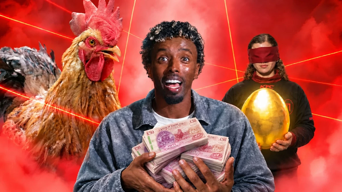 AJ Shabeel holding up cash as a chicken and a blinded contestant stand behind him