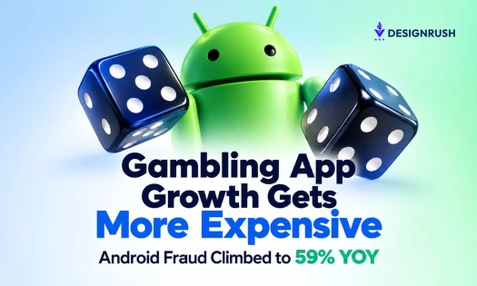 Graphic featuring the green Android mascot flanked by two black dice, with headline text reading "Gambling App Growth Gets More Expensive" and subtitle "Android Fraud Climbed to 59% YOY" under the DesignRush logo.