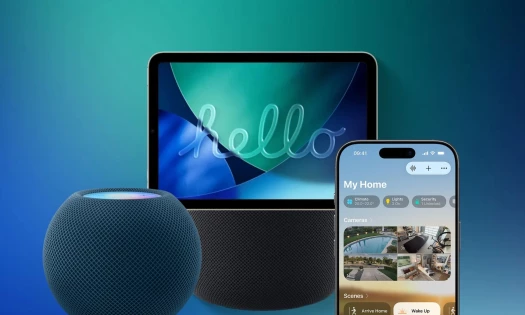 Apple's HomePod mini, possible home hub design, and iPhone with "My Home" interface.