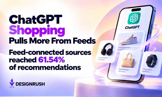 DesignRush graphic stating "ChatGPT Shopping Pulls More From Feeds," highlighting that feed-connected sources reached 61.54% of recommendations, alongside a smartphone showing e-commerce product cards.