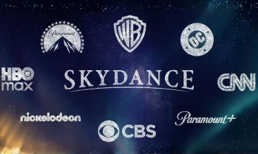 Skydance logo surrounded by the logos of: HBO Max; Paramount; Warner Bros.; DC Studios; CNN; CBS; Nickelodeon