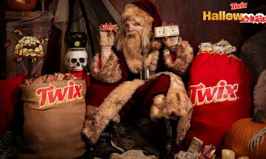 A Zombiefied Santa sitting on bags of cash and Twix