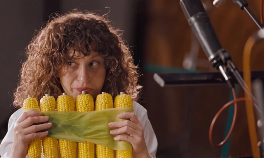 A woman using corn as an instrument