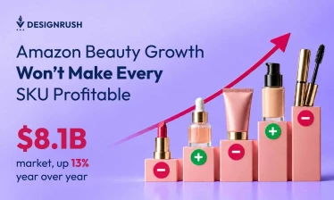 Graphic featuring the headline "Amazon Beauty Growth Won't Make Every SKU Profitable" and the statistic "$8.1B market, up 13% year over year," alongside cosmetics on rising pedestals marked with plus and minus symbols along an upward arrow, created by Des