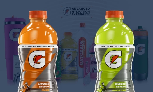 Gatorade Orange and Lemon Lime 28-ounce bottles overlaid on top of the brand's Advance Hydration System range.