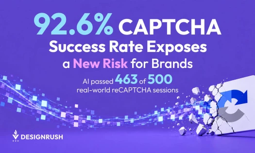 Graphic featuring the headline "92.6% CAPTCHA Success Rate Exposes a New Risk for Brands" and the statistic "AI passed 463 of 500 real-world reCAPTCHA sessions," alongside a glowing pixelated stream shattering a reCAPTCHA icon, created by DesignRush.