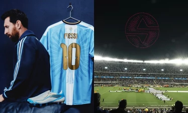 Adidas' special edition farewell collection with Messi, alongside the Sancor logo in drone formation