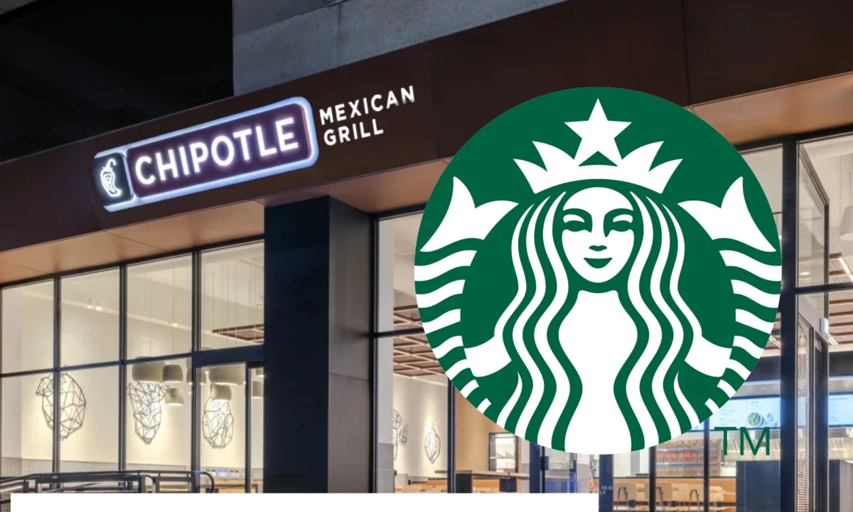 Starbucks logo overlaid on a Chipotle storefront.