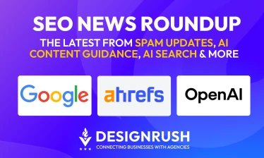 SEO News Roundup featuring Google, Ahrefs, and OpenAI logos on a purple background.